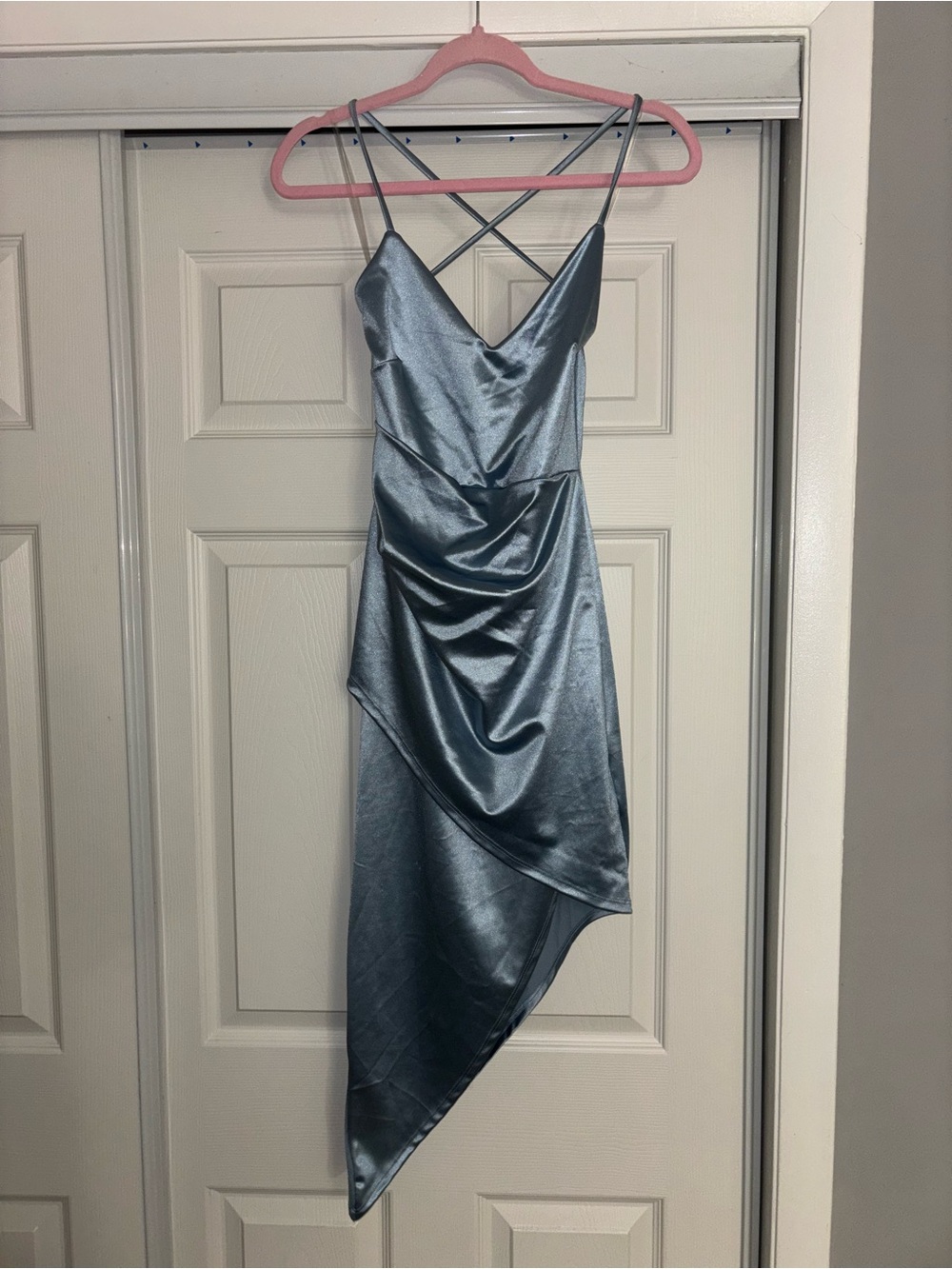 Satin Asymmetrical Dress in Steel Blue